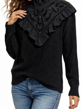 Alice Blue Black Knit Ruffle Lace Bib Mock Neck Sweater T37537 Medium